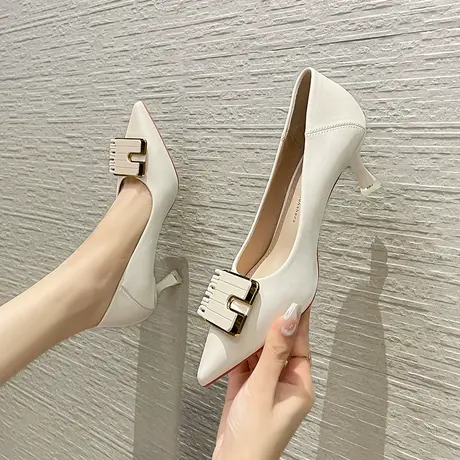 高跟鞋女2024年秋冬季百搭新款尖头细跟金属扣单鞋气质职业工作鞋图片