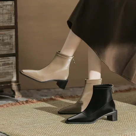 高跟短靴女2024新款秋冬粗跟尖头中筒靴法式弹力瘦瘦靴及中跟裸靴图片