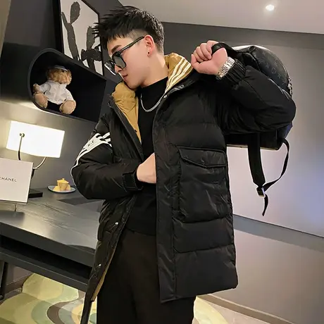 中长款棉衣冬季2023新款潮流韩版休闲条纹设计感连帽修身棉服外套图片