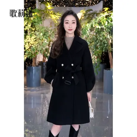 歌莉娅羊毛大衣女冬季新款黑色翻领双面呢中长款外套1BNR6N3T0商品大图