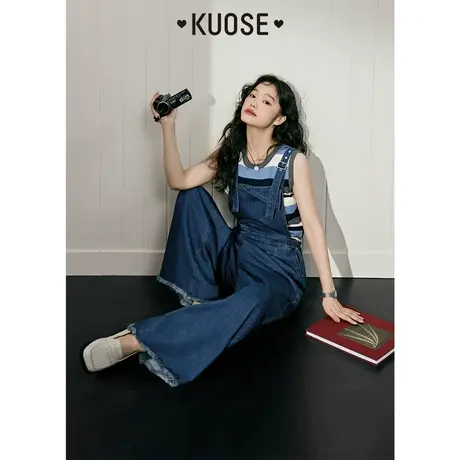 阔色韩系牛仔背带裤女2023新款夏季高个子直筒阔腿宽松长裤子商品大图