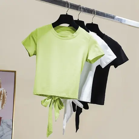 正肩短袖t恤女2023夏季新款蝴蝶结绑带设计感小众漏腰百搭上衣潮商品大图