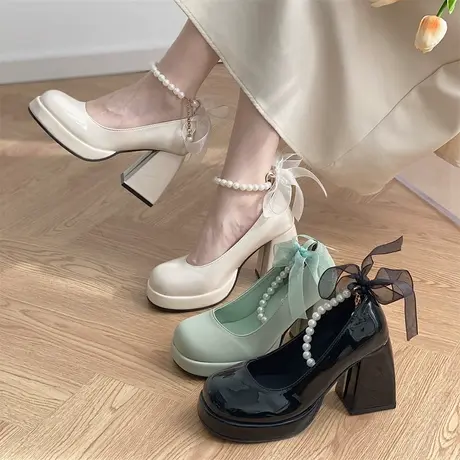 气质粗跟高跟鞋女鞋子2025新款小皮鞋珍珠蝴蝶结玛丽珍鞋浅口单鞋商品大图