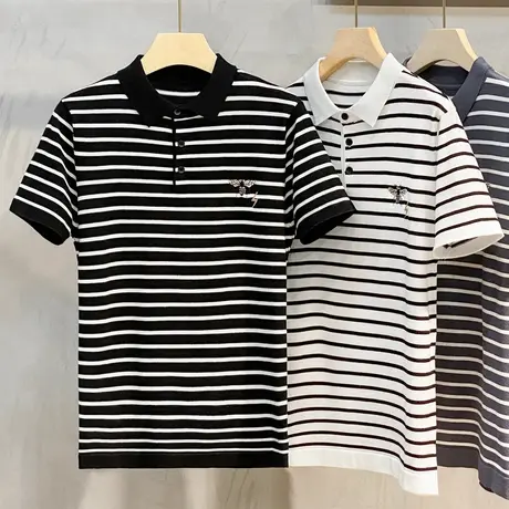 蜜蜂刺绣条纹短袖T恤男夏季薄款男士POLO衫针织衫修身轻商务休闲商品大图