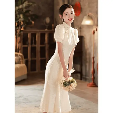 订婚旗袍改良女夏季敬酒服新娘高级感法式礼服白色蕾丝鱼尾连衣裙图片
