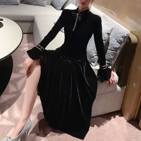 小众轻奢高级感名媛年会礼服女平时可穿复古风黑色丝绒连衣裙秋冬商品大图