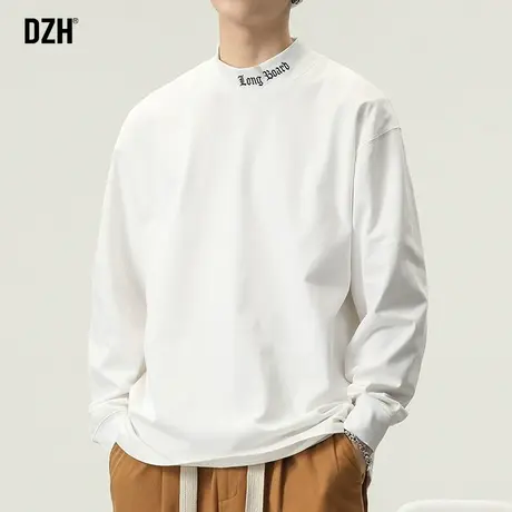 男士半高领打底衫男白色内搭2024年春季新款长袖t恤男款刺绣上衣商品大图