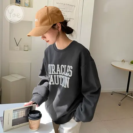 yoe炭灰色卫衣女加绒chic复古印花韩版潮设计感小众男友风上衣商品大图