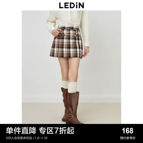 乐町学院风半身裙秋季新品咖色格纹短裙女装简约时尚方块裙图片