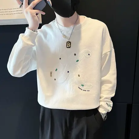 设计感重工刺绣卫衣男春季潮牌高级感圆领内搭上衣长袖打底衫T恤商品大图