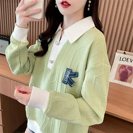 polo领卫衣女春秋季韩版宽松薄款设计感小众小个子假两件上衣外套图片