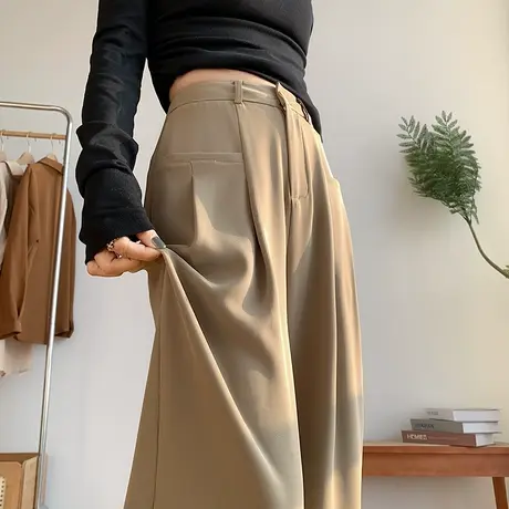 设计感气质褶皱西装休闲裤女春秋2024新款卡其色高腰直筒阔腿长裤商品大图