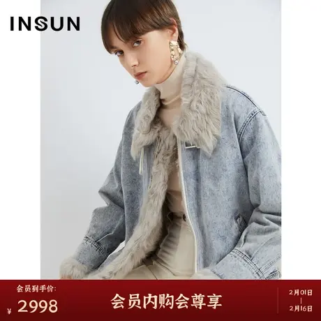 INSUN恩裳冬季兔毛皮草洗水翻领短外套商品大图