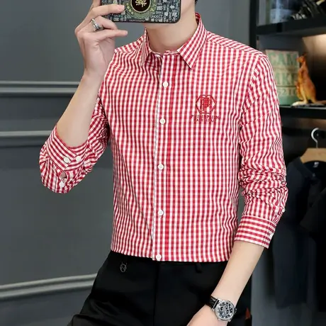 长袖衬衫男士春秋季刺绣休闲内搭经典复古黑白格子情侣衬衣外套潮商品大图