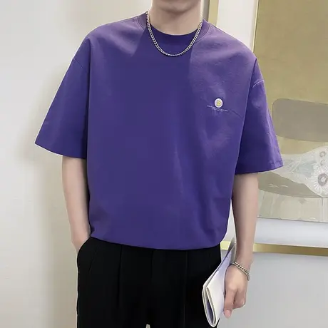 夏季重磅短袖T恤男简约刺绣ins半截袖上衣潮牌休闲百搭五分袖体恤商品大图