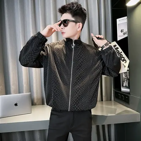 设计感春季蛇纹亮面翻领夹克男2024夜店潮牌痞帅休闲个性男装外套商品大图