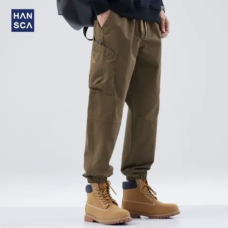 hansca秋季多口袋束脚工装裤男卡其色纯棉宽松大码痞帅休闲长裤子商品大图