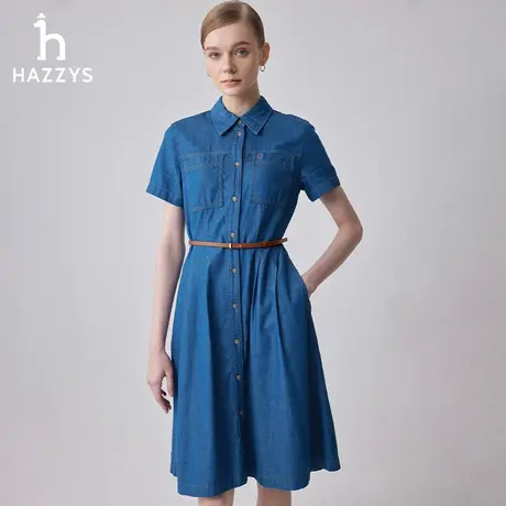 【商场同款】Hazzys哈吉斯短袖牛仔连衣裙夏季新款复古小翻领裙子图片