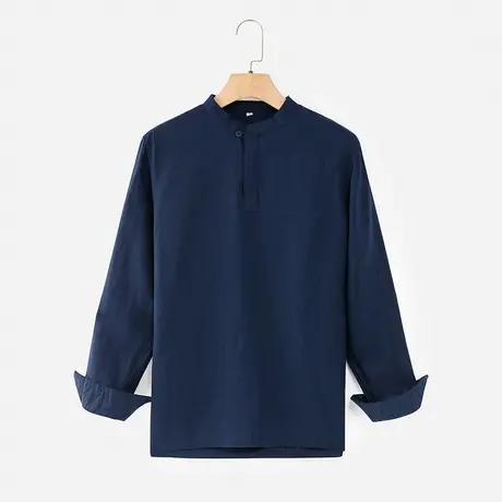 亚麻休闲衬衫男中国风纯色衬衣男士套头立领春秋款外套复古宽松潮图片