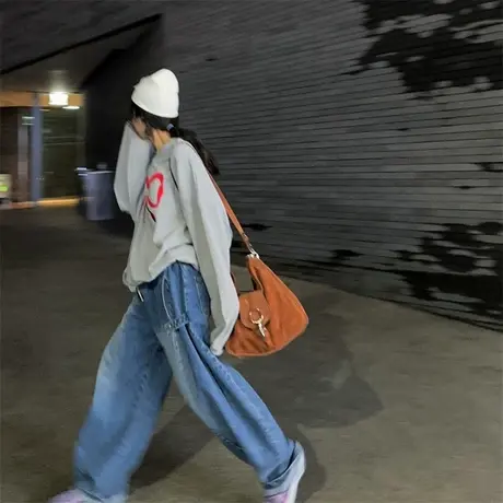 2024春季新款韩国东大门高腰显瘦水洗挂扣设计阔腿裤直筒牛仔裤女图片