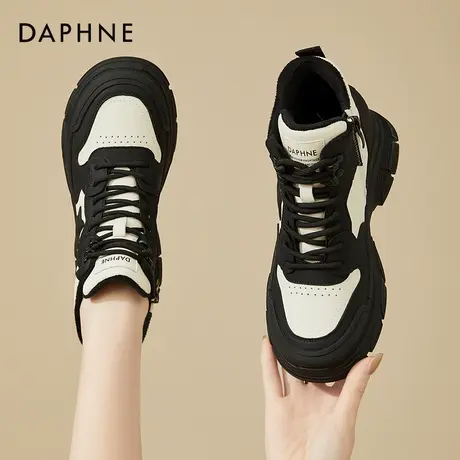 达芙妮真皮撞色高帮休闲鞋女2023新款秋冬季加绒内增高厚底马丁靴商品大图