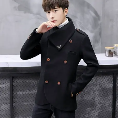 男士短款毛呢大衣外套潮牌冬装韩版加厚痞帅气个性双排扣夹克风衣商品大图