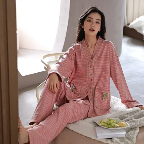 婷美纯棉睡衣女士春秋款长袖长裤开衫甜美休闲大码全棉秋冬家居服商品大图