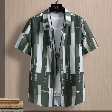 薄款短袖衬衫男夏季宽松尖领条纹印花衣服寸衫冰丝凉感青少年衬衣商品大图