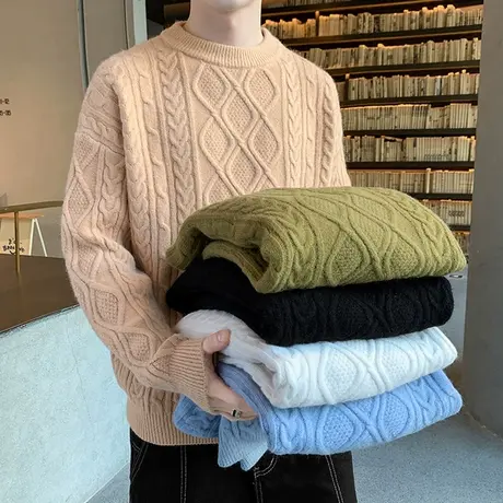 麻花针织衫男韩版个性提花打底上衣秋冬季青少年宽松加厚圆领毛衣商品大图