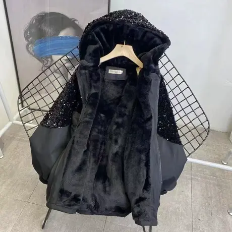 2023秋冬季加绒加棉时尚棉袄亮片拼接连帽棉服收腰棉衣宽松外套女图片