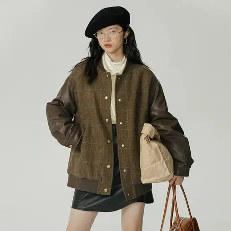 omont蛋挞家 羊毛毛呢棒球服外套女秋冬2023新款复古宽松夹棉棉服图片