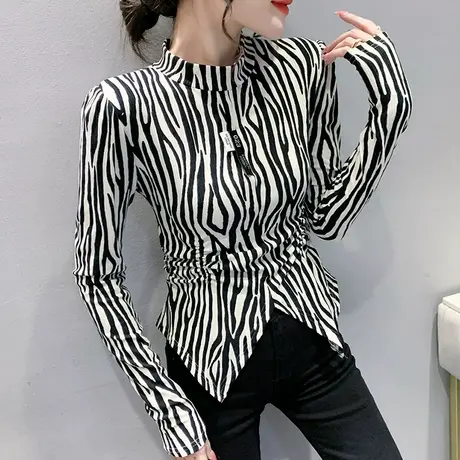 开叉不规则女装欧货条纹T恤长袖紧身收腰打底衫女设计感小众上衣商品大图