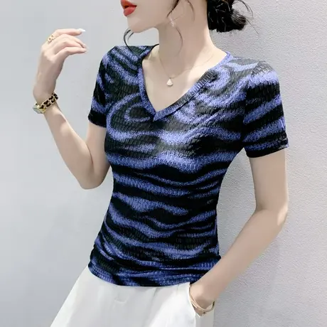 欧货斑马纹短袖上衣女2023夏季新款性感V领T恤百搭显瘦网纱小衫潮商品大图