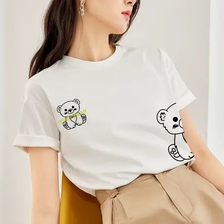 白色短袖T恤女夏装2023新款设计感小熊印花体恤宽松纯棉上衣ins潮商品大图