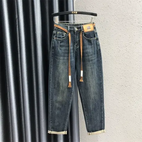 简约休闲抽绳高腰小脚老爹裤欧货女秋新款显瘦韩版百搭牛仔哈伦裤商品大图