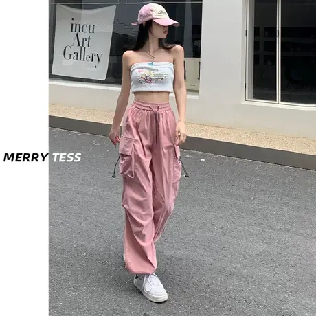 粉色阔腿休闲裤女夏季2023年新款设计感抽绳高腰显瘦百搭工装裤子图片