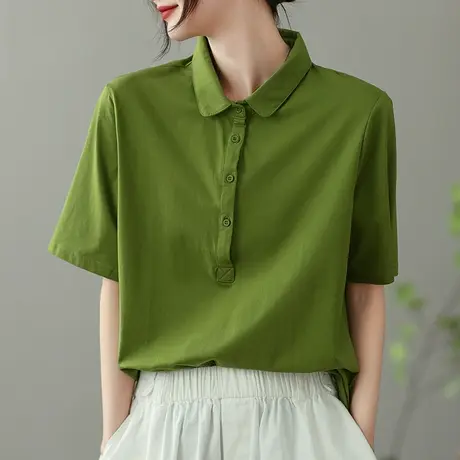 dza复古纯色短袖T恤女2023夏季薄款翻领打底体恤气质显瘦套头上衣商品大图