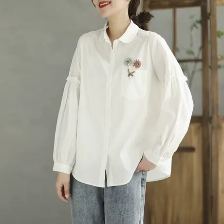 2023春装新款设计感小众超美刺绣泡泡袖白衬衫女式春秋打底衫衬衣图片