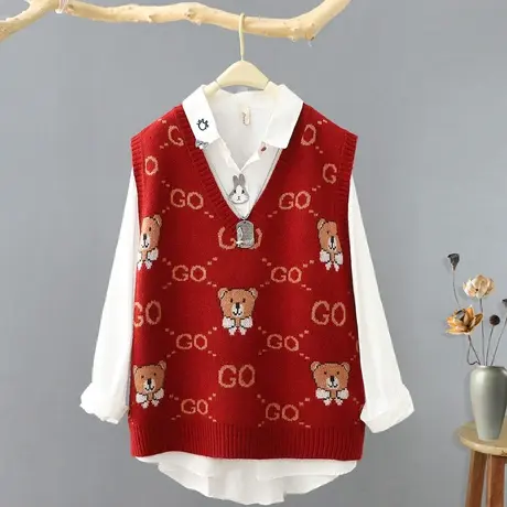背心女百搭马夹春装2023新款卡通V领套头无袖针织毛衣外穿坎肩潮图片