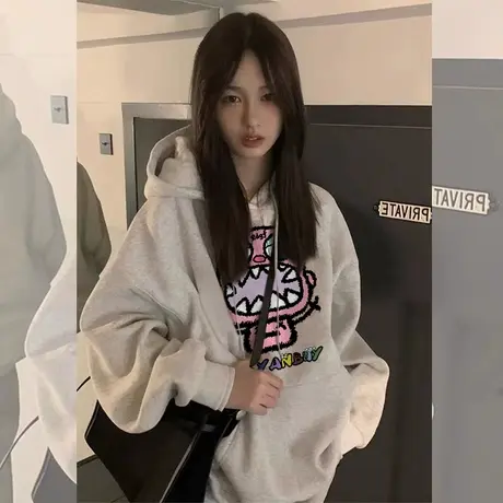 美式复古oversize潮牌卫衣女2023春秋薄款宽松韩版慵懒风连帽外套商品大图