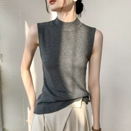 半高领无袖羊毛针织衫女2023早秋新品西装内搭上衣纯色坎肩打底衫商品大图