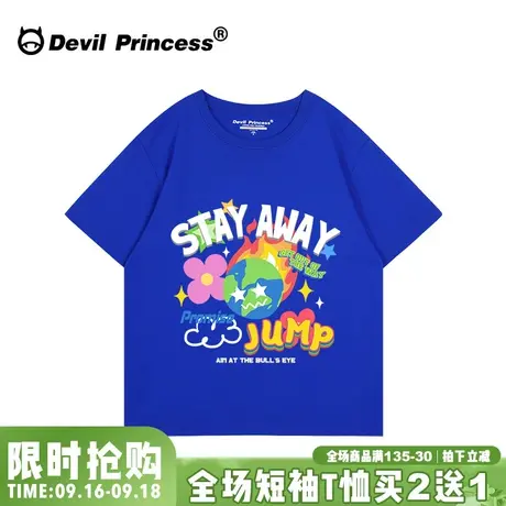 美式街头风克莱因蓝短袖t恤女夏oversize大版宽松无性别穿搭ins潮商品大图