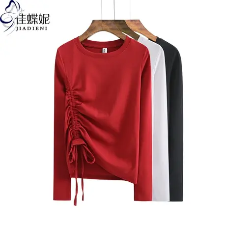 春秋新款圆领修身侧边抽绳修身长袖上衣纯棉打底内搭韩版女装T恤图片
