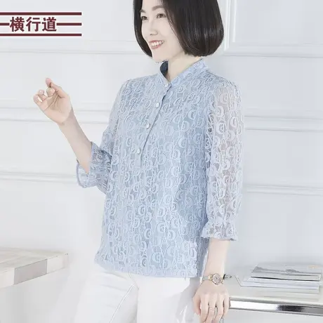 2023秋装立领蕾丝中年妈妈中袖T恤女上衣韩版胖MM宽松外穿五分袖图片