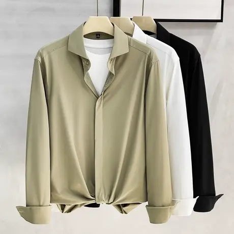 丝滑垂感 雅痞绅士气质高级感免烫衬衫男士商务正装休闲黑色衬衣商品大图