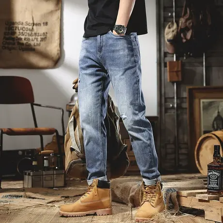 浅色牛仔裤男宽松直筒破洞休闲痞帅潮牌牛仔裤子夏季薄款长裤高端商品大图