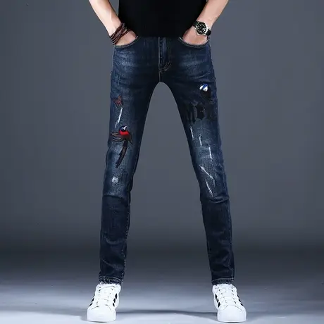 男士刺绣牛仔裤男款修身小脚秋款2023新款潮流裤子男休闲弹力高端商品大图