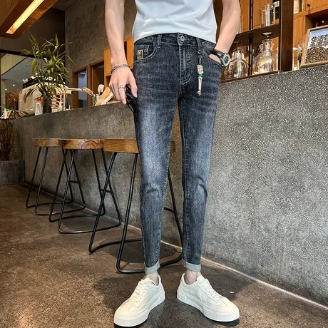 2023夏季新款灰色做旧百搭铅笔裤男潮韩版修身小脚牛仔裤 送挂饰商品大图