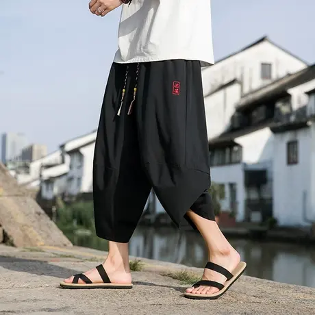 新中式男装中国风暗黑系加肥胖子冰丝垂感七分裤男阔腿灯笼萝卜裤商品大图