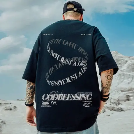 国潮胖子t恤潮流纯棉大码男装宽松加肥加大美式潮牌半袖五分短袖商品大图